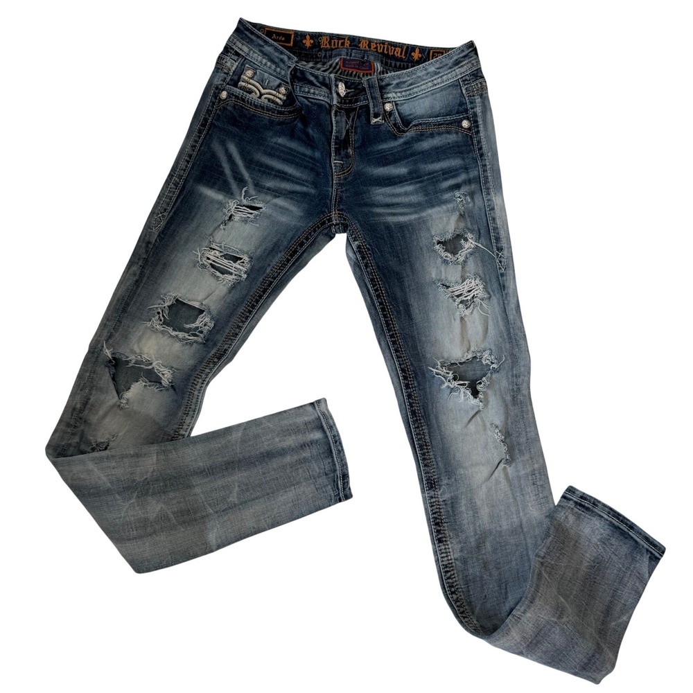 Rock Revival Arda Skinny Distressed Jeans Women's 28 Blue Low Rise Embellished